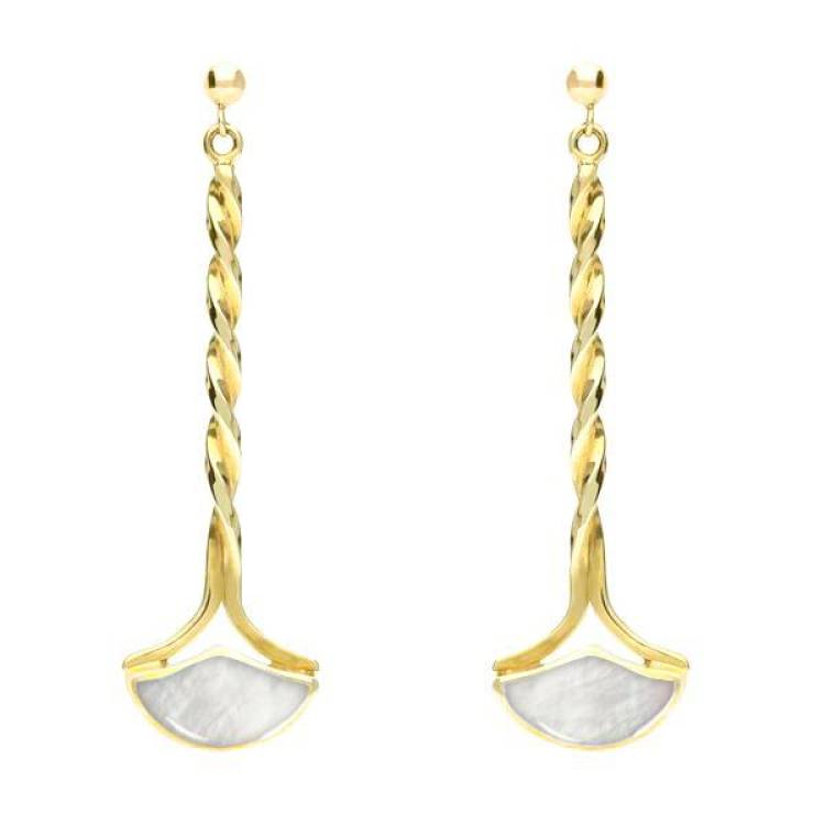 9ct Yellow Gold Mother of Pearl Drop Twist Fan Stud Earrings - Yellow Gold