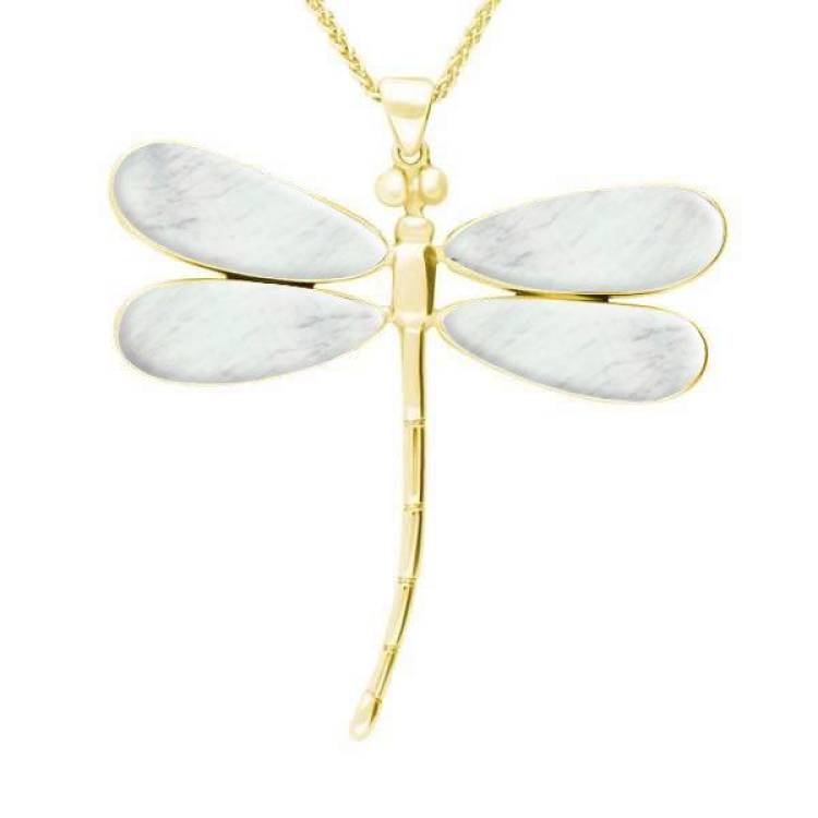 9ct Yellow Gold Mother of Pearl Four Stone Large Dragonfly Necklace - Yellow Gold