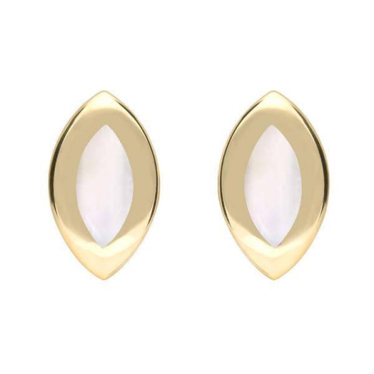 9ct Yellow Gold Mother of Pearl Framed Marquise Stud Earrings - Yellow Gold