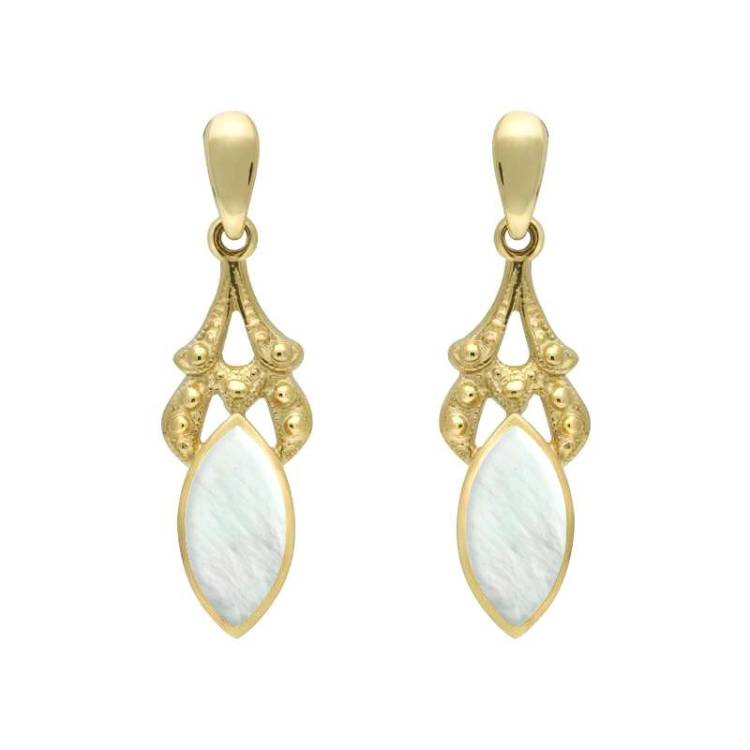 9ct Yellow Gold Mother of Pearl Marquise Drop Earrings - Yellow Gold