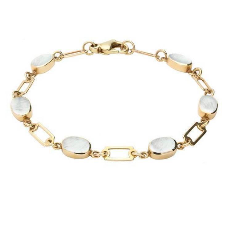 9ct Yellow Gold Mother of Pearl Oval Linked Bracelet - Yellow Gold
