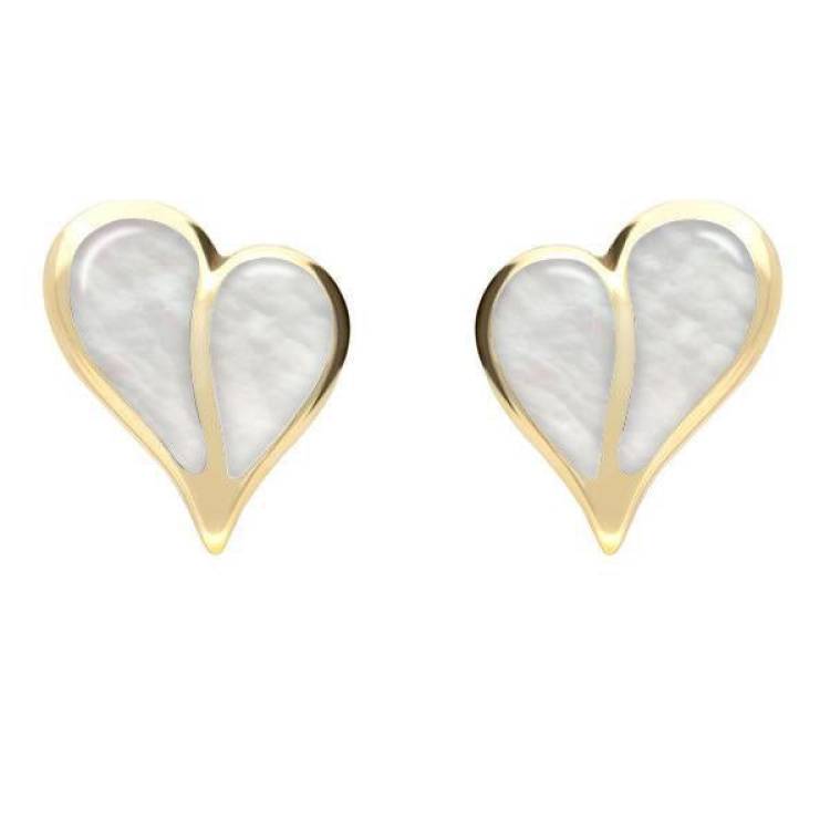 9ct Yellow Gold Mother of Pearl Split Heart Stud Earrings - Yellow Gold