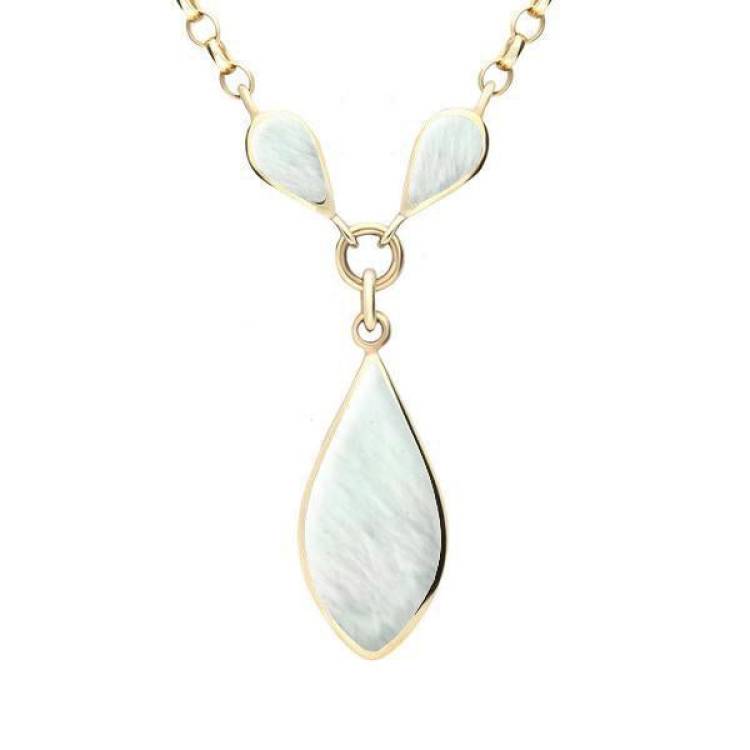 9ct Yellow Gold Mother of Pearl Three Stone Pear Necklace - Yellow Gold