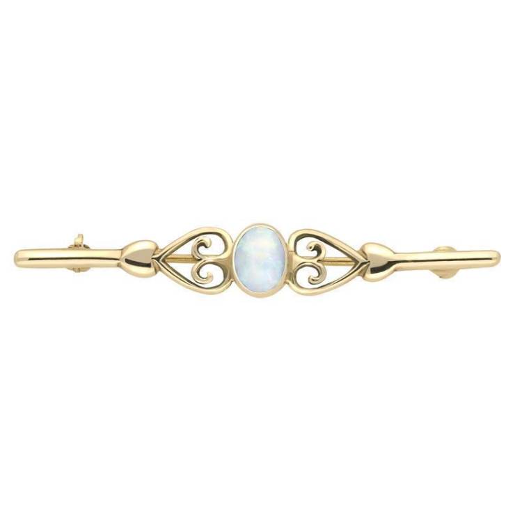 9ct Yellow Gold Opal Heart Bar Brooch - Yellow Gold