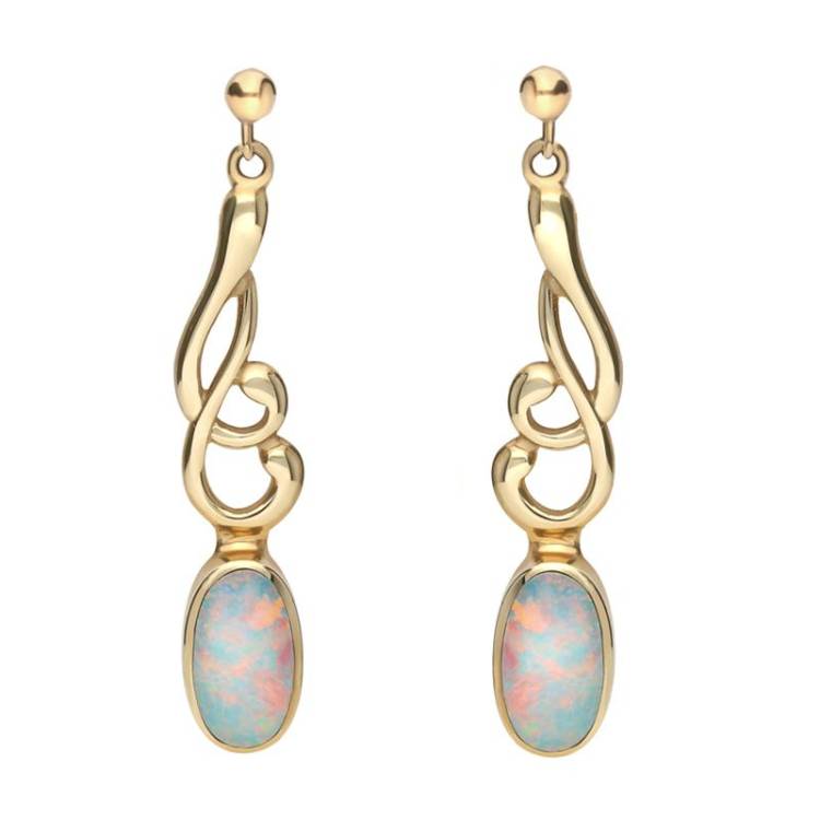 9ct Yellow Gold Opal Jet Scroll Drop Earrings - Yellow Gold