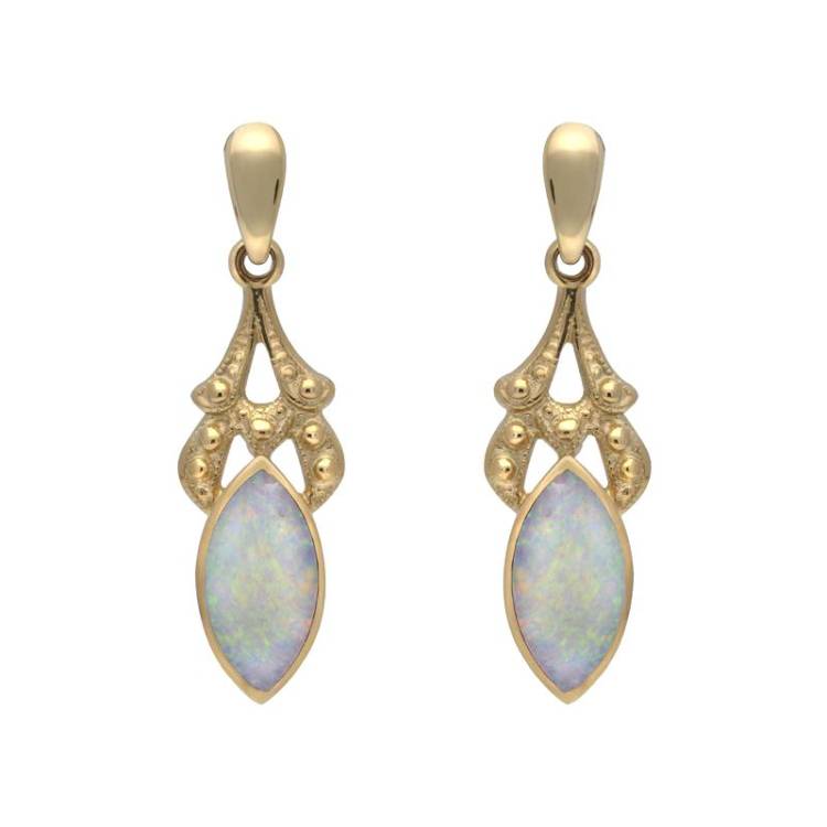 9ct Yellow Gold Opal Marquise Shaped Drop Earrings - Yellow Gold
