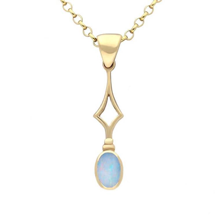 9ct Yellow Gold Opal Pierced Diamond Oval Necklace - Yellow Gold