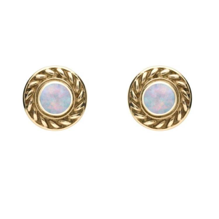 9ct Yellow Gold Opal Round Rope Edge Stud Earrings - Yellow Gold