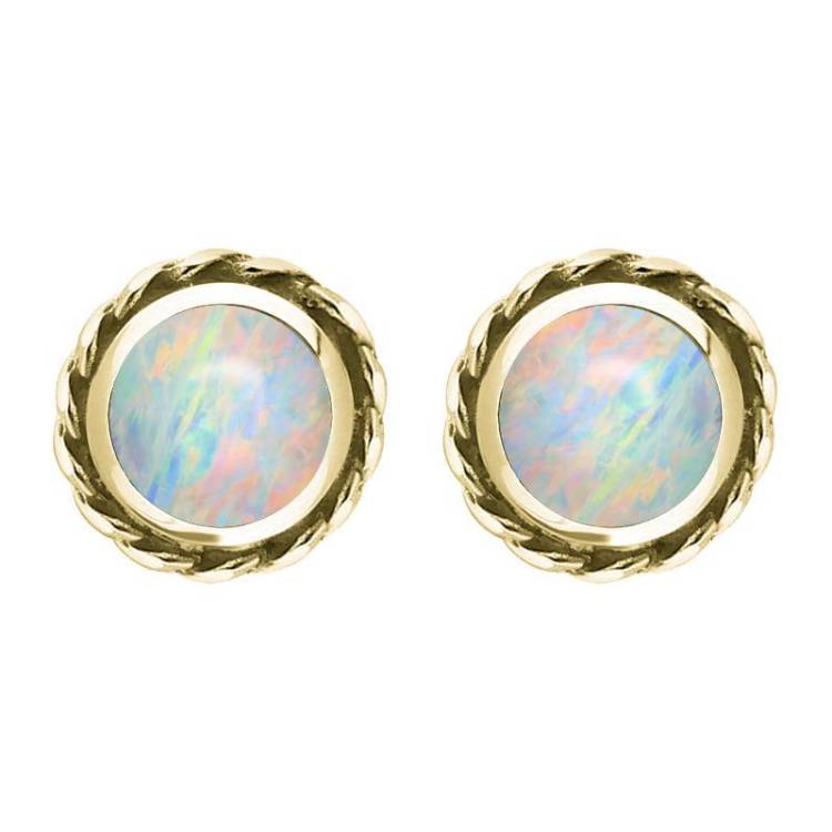 9ct Yellow Gold Opal Round Twist Edge Stud Earrings