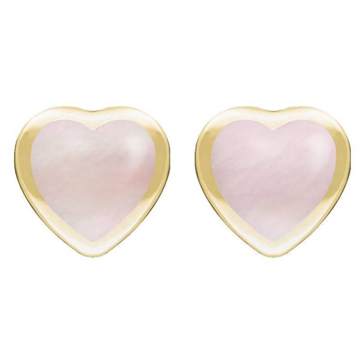 9ct Yellow Gold Pink Mother Of Pearl Large Framed Heart Stud Earrings - Yellow Gold