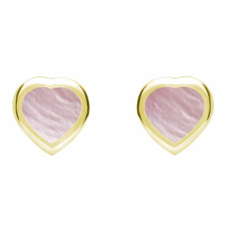9ct Yellow Gold Pink Mother Of Pearl Small Framed Heart Stud Earrings - Yellow Gold