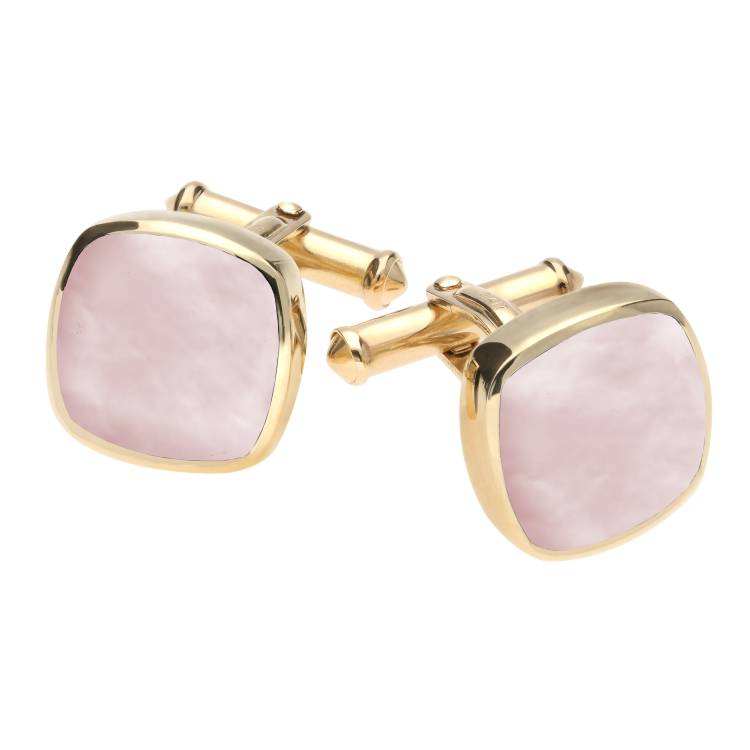 9ct Yellow Gold Pink Mother Of Pearl Square Cushion Cufflinks - Option1 Value