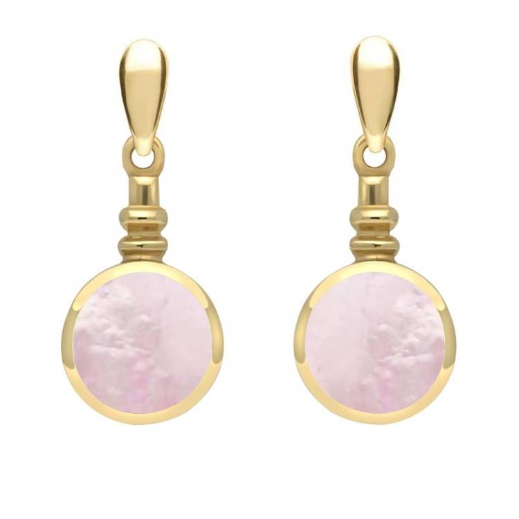 9ct Yellow Gold Pink Mother of Pearl Bottle Top Drop Earrings - Yellow Gold