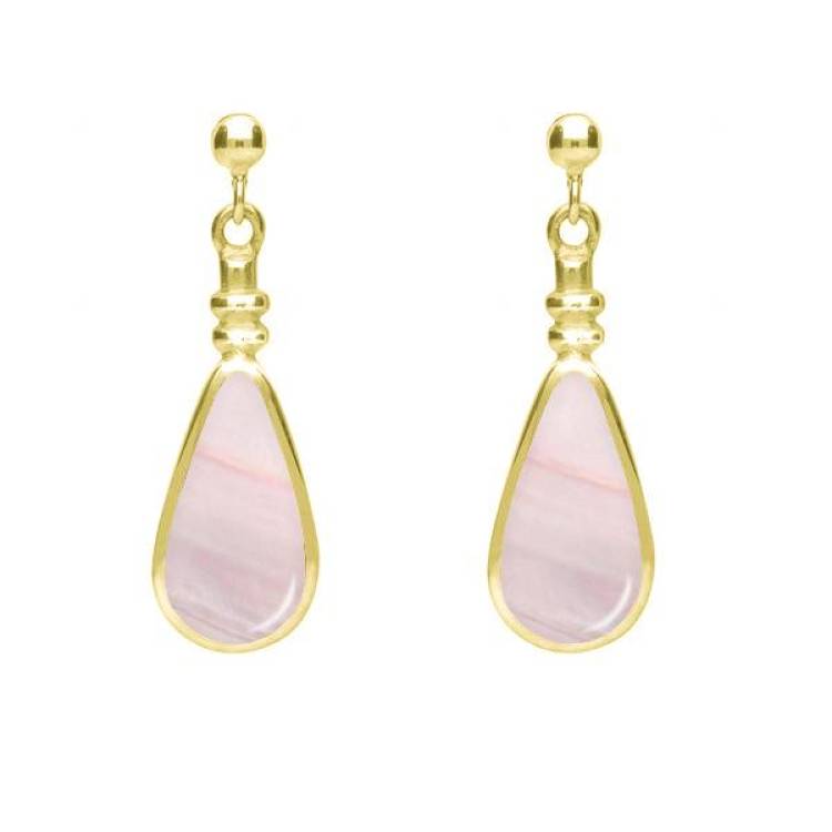 9ct Yellow Gold Pink Mother of Pearl Bottle Top Pear Drop Earrings - Yellow Gold