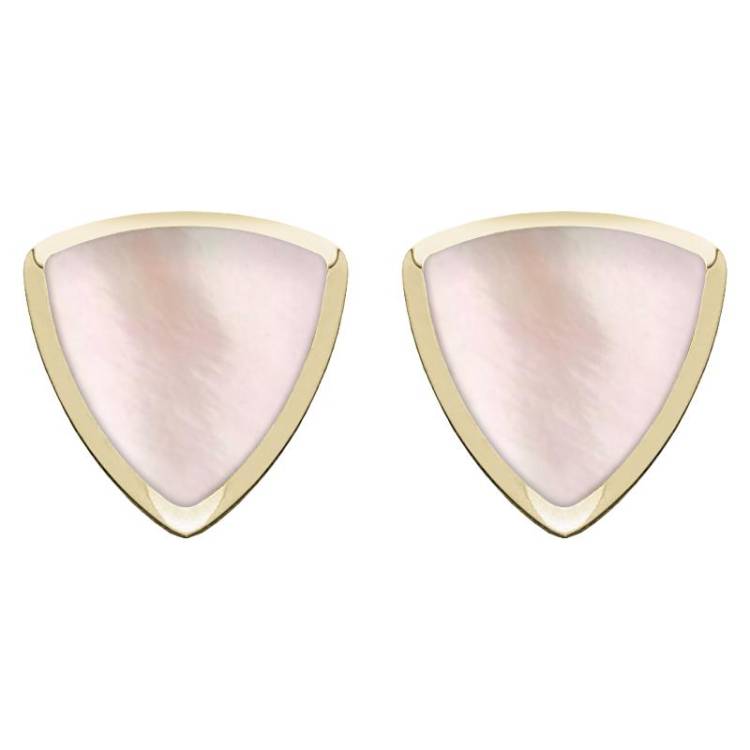 9ct Yellow Gold Pink Mother of Pearl Curved Triangle Stud Earrings - Yellow Gold