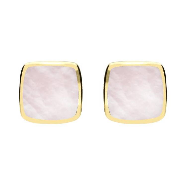 9ct Yellow Gold Pink Mother of Pearl Cushion Stud Earrings - Yellow Gold