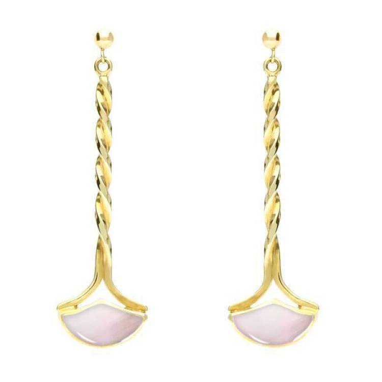 9ct Yellow Gold Pink Mother of Pearl Drop Twist Fan Earrings - Yellow Gold