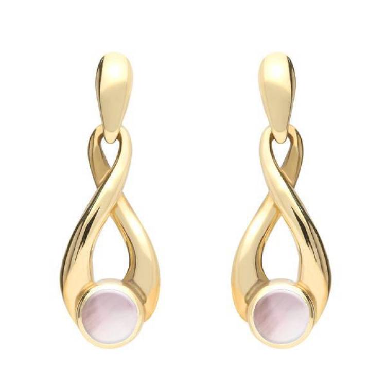 9ct Yellow Gold Pink Mother of Pearl Eternity Loop Drop Earrings - Yellow Gold