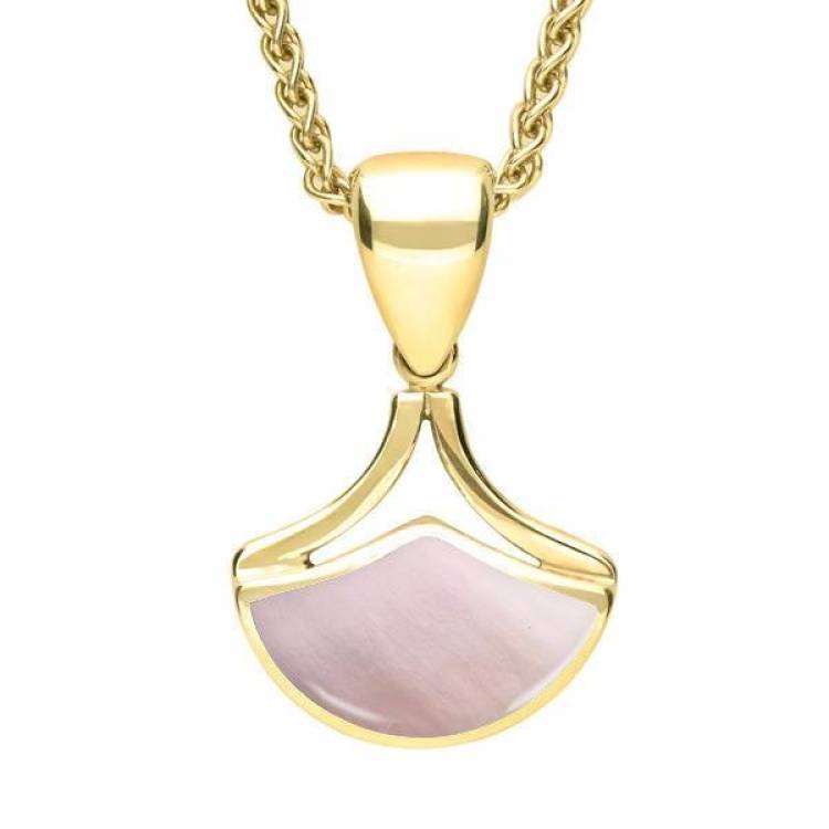 9ct Yellow Gold Pink Mother of Pearl Fan Shaped Necklace - Yellow Gold