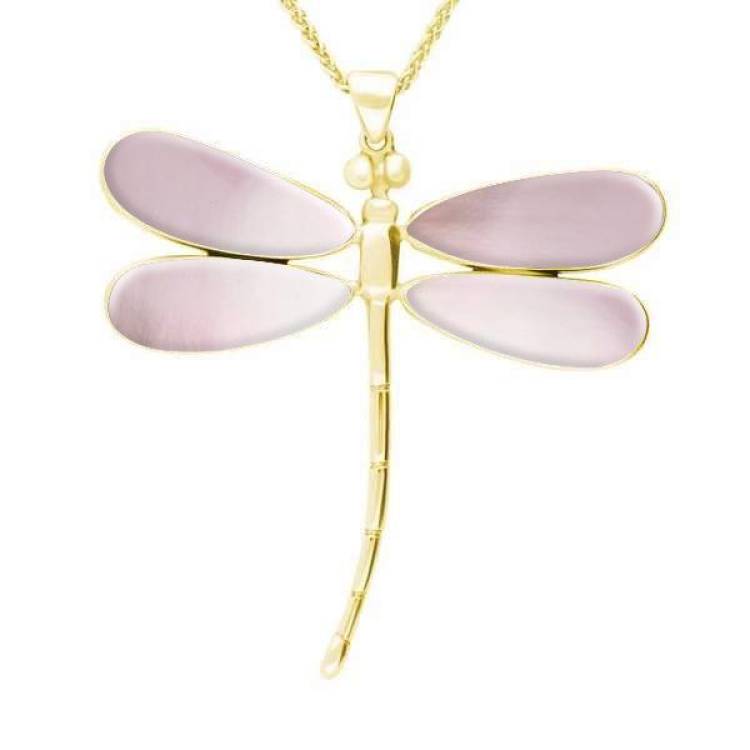 9ct Yellow Gold Pink Mother of Pearl Four Stone Large Dragonfly Necklace - Yellow Gold