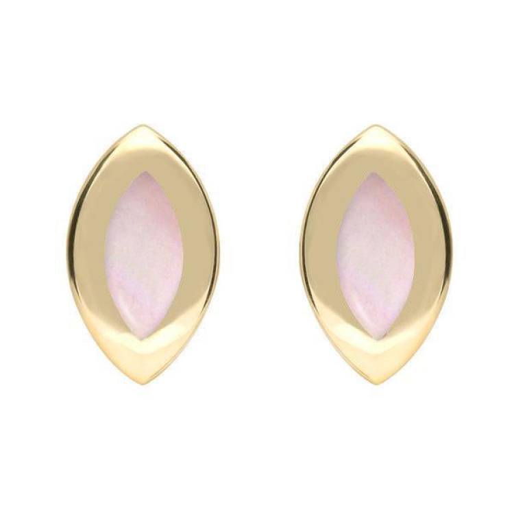 9ct Yellow Gold Pink Mother of Pearl Framed Marquise Stud Earrings - Yellow Gold