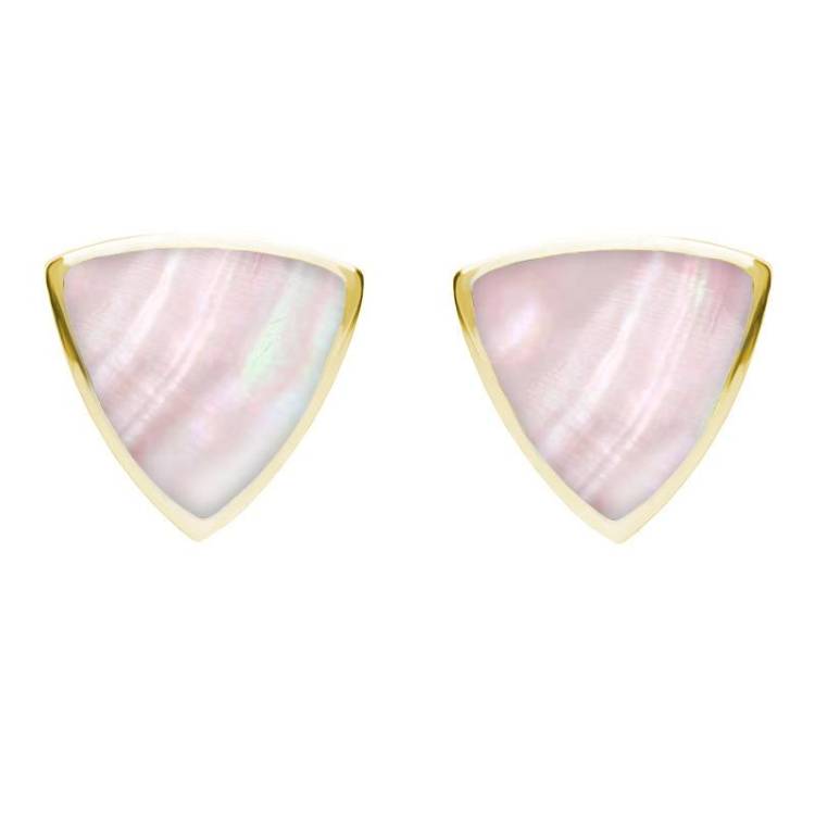 9ct Yellow Gold Pink Mother of Pearl Large Curved Triangle Stud Earrings - Yellow Gold