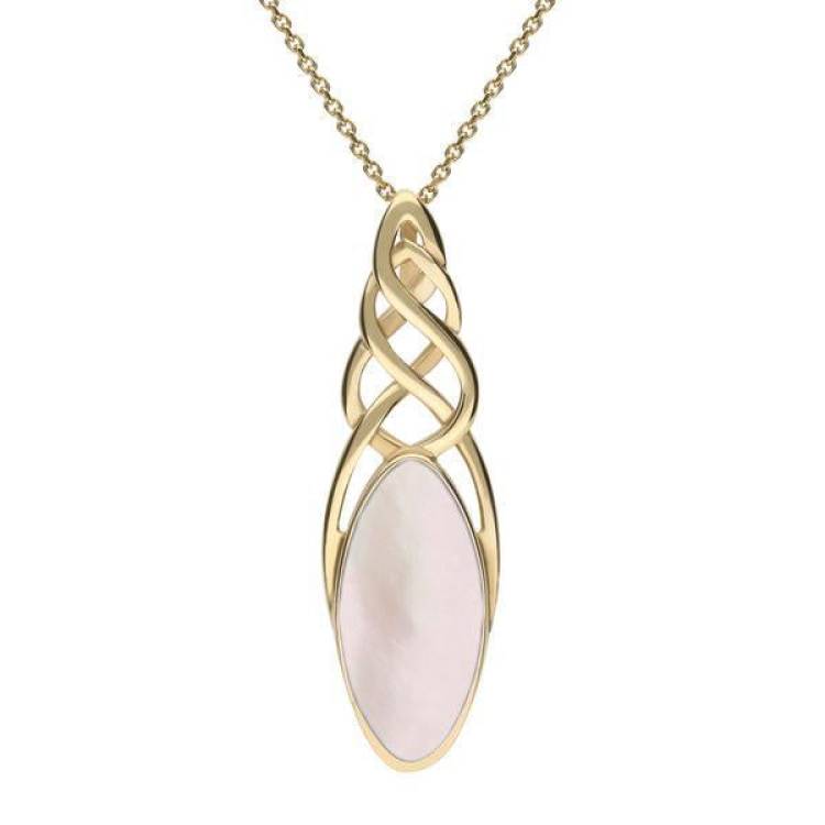 9ct Yellow Gold Pink Mother of Pearl Long Marquise Celtic Necklace - Option1 Value