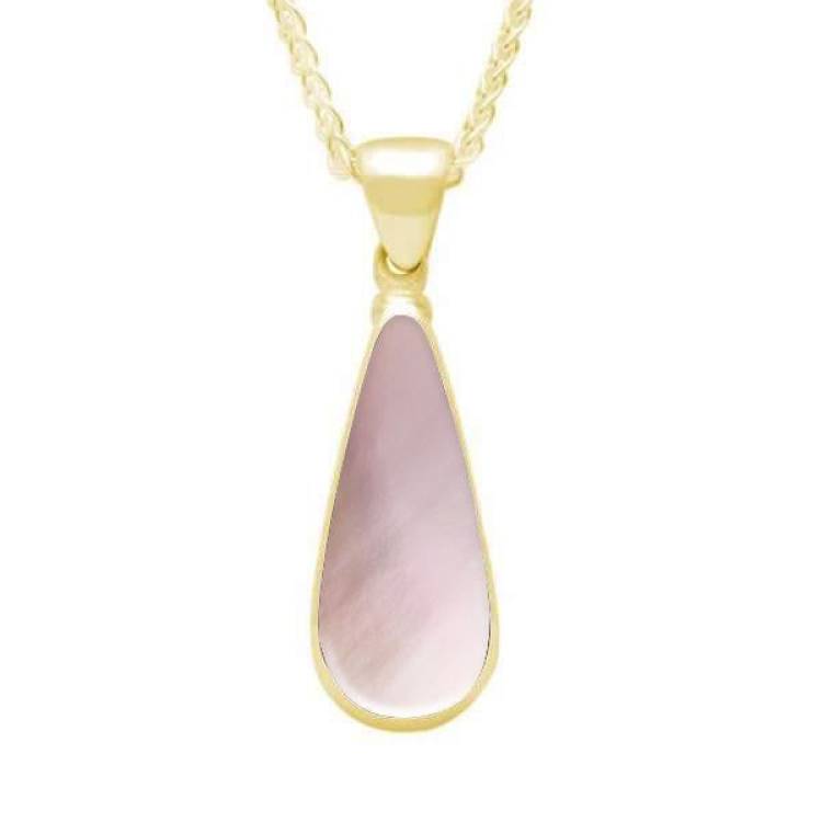 9ct Yellow Gold Pink Mother of Pearl Long Pear Necklace - Yellow Gold