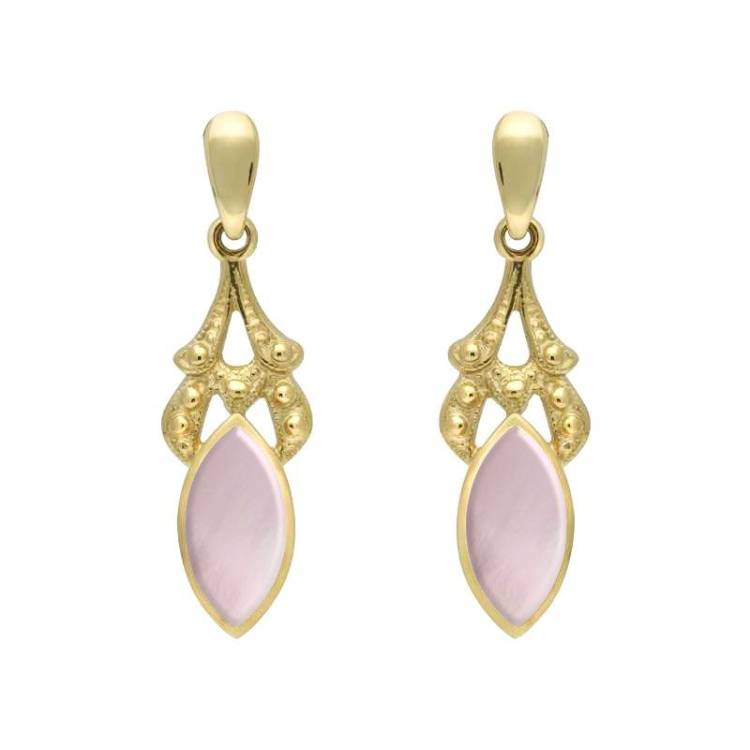 9ct Yellow Gold Pink Mother of Pearl Marquise Drop Earrings - Yellow Gold