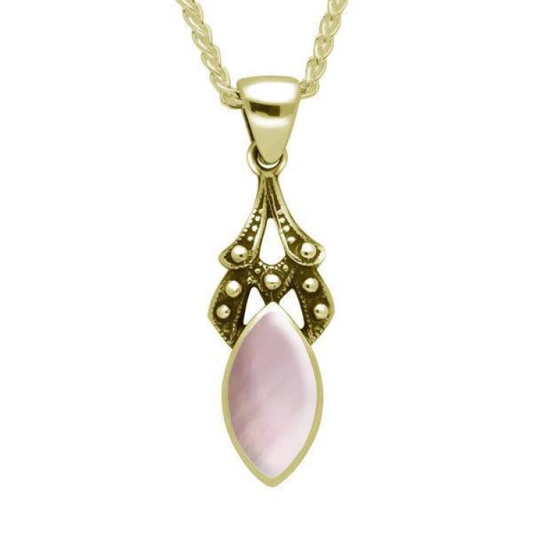 9ct Yellow Gold Pink Mother of Pearl Marquise Drop Necklace - Yellow Gold