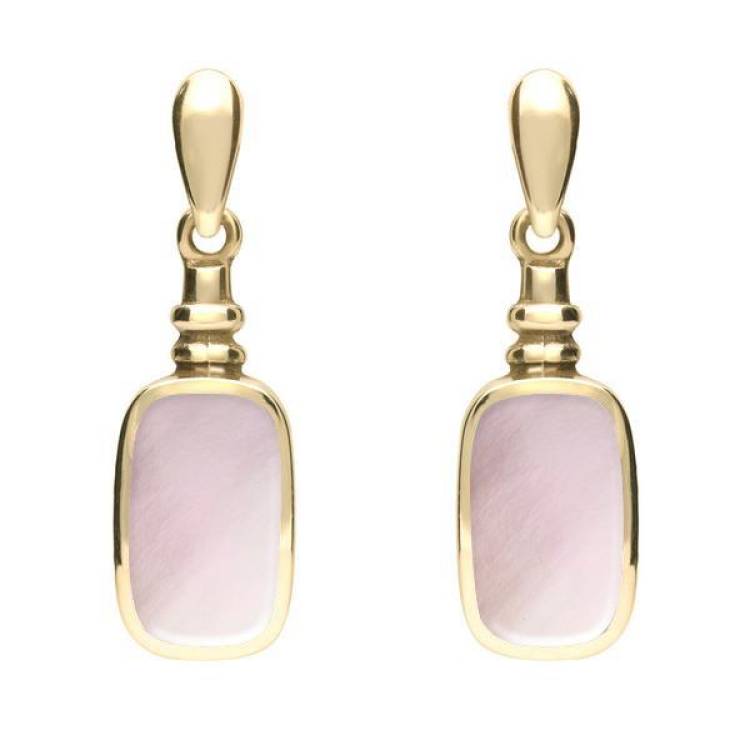 9ct Yellow Gold Pink Mother of Pearl Oblong Bottle Top Drop Earrings - Yellow Gold