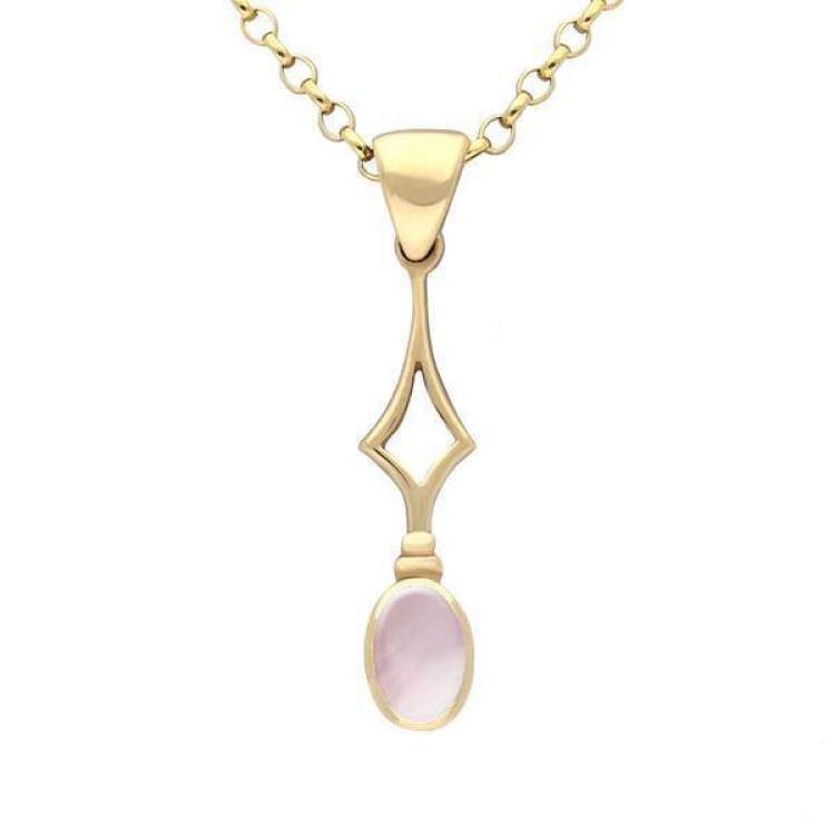 9ct Yellow Gold Pink Mother of Pearl Oval Drop Necklace - Yellow Gold