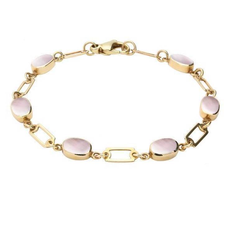 9ct Yellow Gold Pink Mother of Pearl Oval Linked Bracelet - Yellow Gold