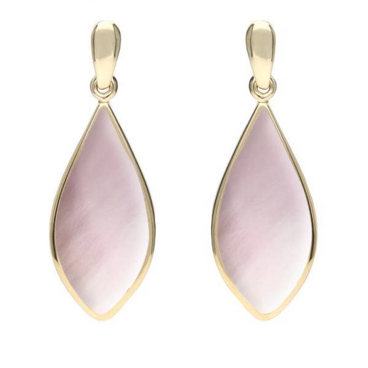 9ct Yellow Gold Pink Mother of Pearl Pointed Pear Drop Earrings - Yellow Gold
