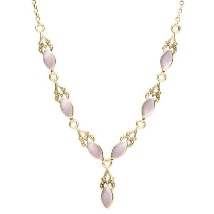 9ct Yellow Gold Pink Mother of Pearl Seven Stone Marquise Necklace - Yellow Gold
