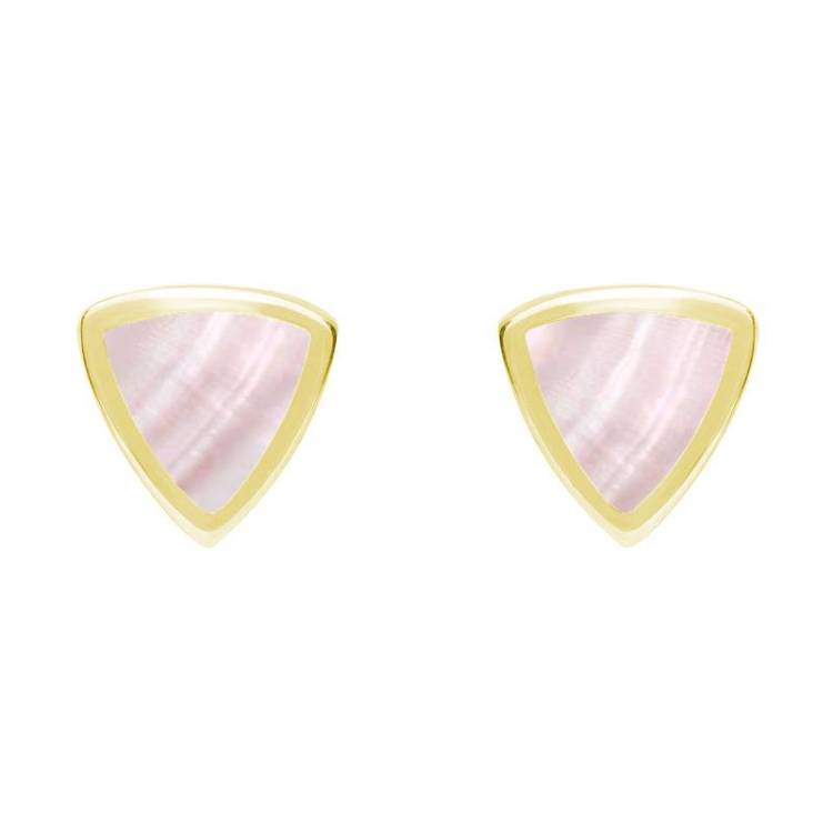 9ct Yellow Gold Pink Mother of Pearl Small Curved Triangle Stud Earrings - Yellow Gold