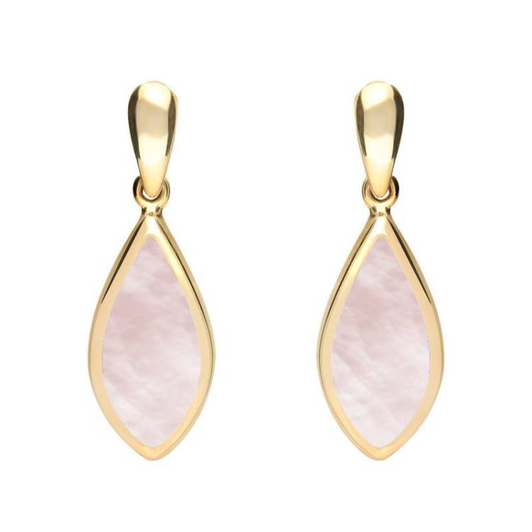 9ct Yellow Gold Pink Mother of Pearl Small Pointed Pear Drop Earrings - Yellow Gold