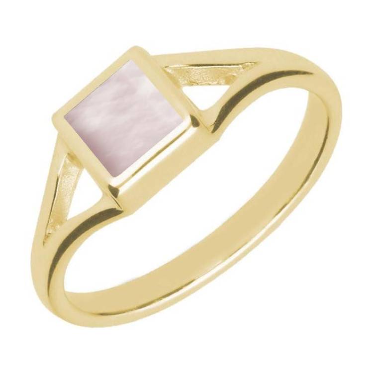 9ct Yellow Gold Pink Mother of Pearl Square Split Shoulder Ring - Yellow Gold