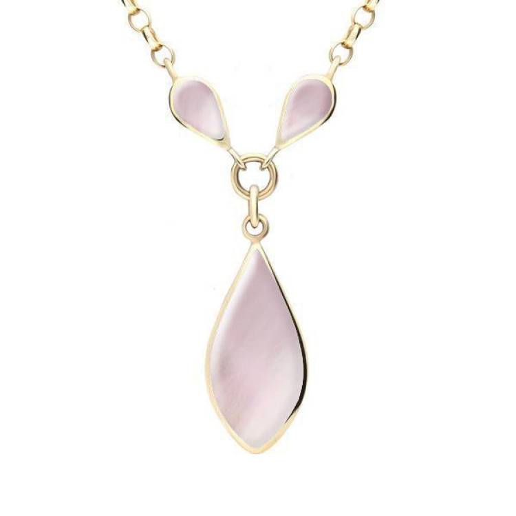 9ct Yellow Gold Pink Mother of Pearl Three Stone Pear Necklace - Yellow Gold
