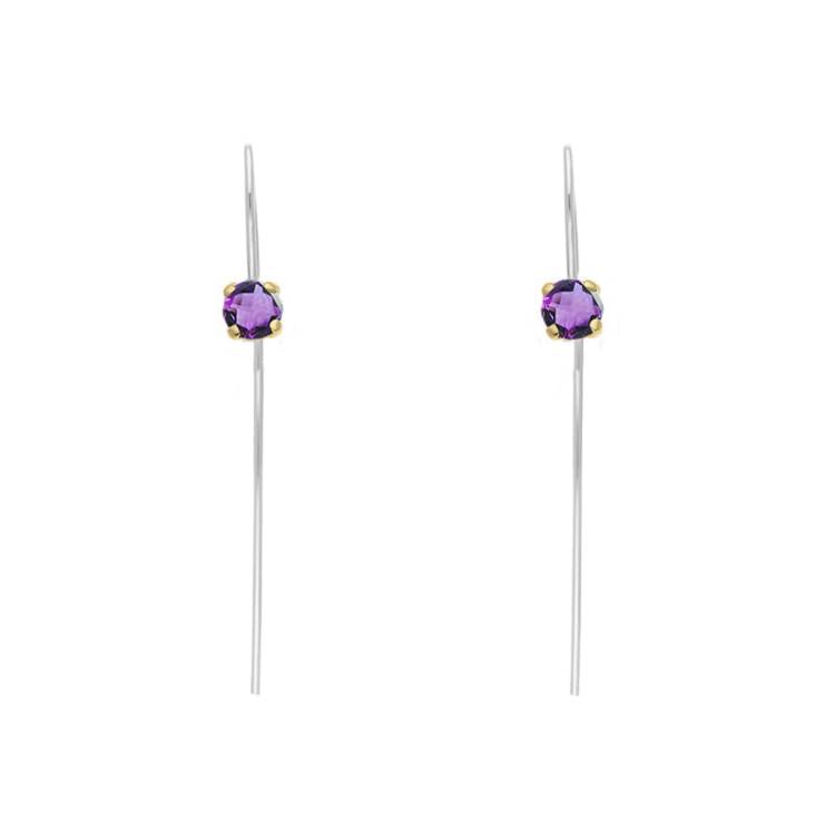 9ct Yellow Gold Sterling Silver Amethyst Stepping Stones 5mm Round Claw Set Hook Earrings