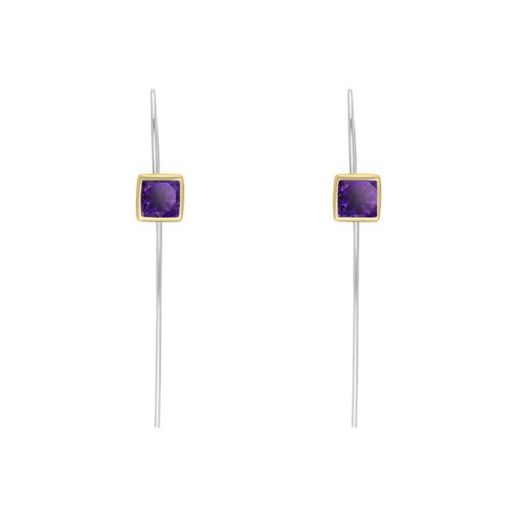 9ct Yellow Gold Sterling Silver Amethyst Stepping Stones 5mm Square Hook Earrings