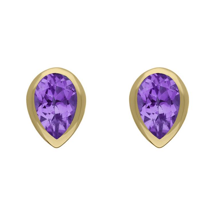 9ct Yellow Gold Sterling Silver Amethyst Stepping Stones 5x7mm Pear Stud Earrings