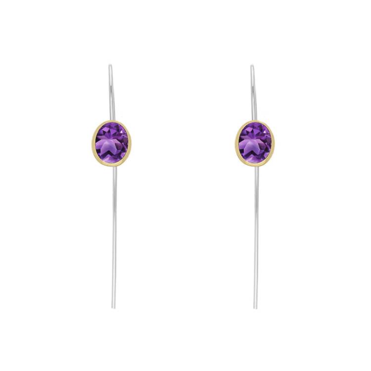 9ct Yellow Gold Sterling Silver Amethyst Stepping Stones 6x8mm Oval Hook Earrings
