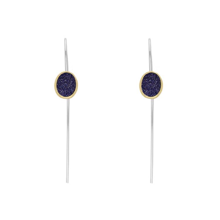 9ct Yellow Gold Sterling Silver Blue Goldstone Stepping Stones 6x8mm Oval Hook Earrings