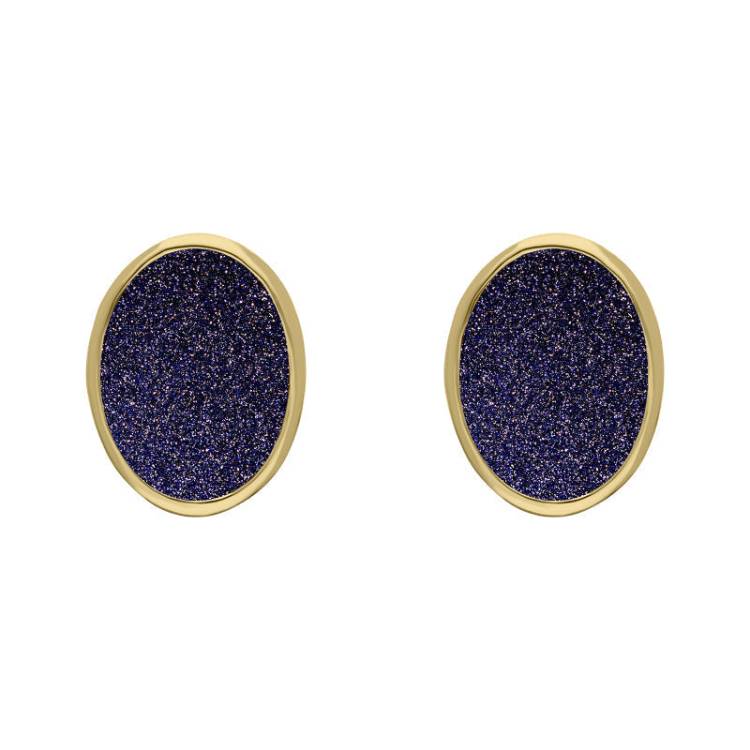 9ct Yellow Gold Sterling Silver Blue Goldstone Stepping Stones 6x8mm Oval Stud Earrings