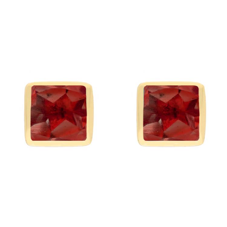9ct Yellow Gold Sterling Silver Garnet Stepping Stones Square Stud Earrings