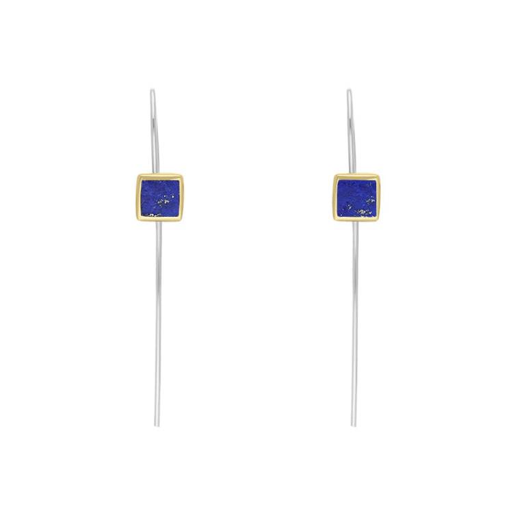 9ct Yellow Gold Sterling Silver Lapis Lazuli Stepping Stones 5mm Square Hook Earrings