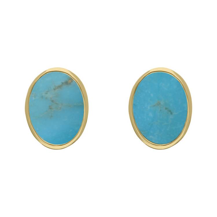 9ct Yellow Gold Sterling Silver Turquoise Stepping Stones 6x8mm Oval Stud Earrings
