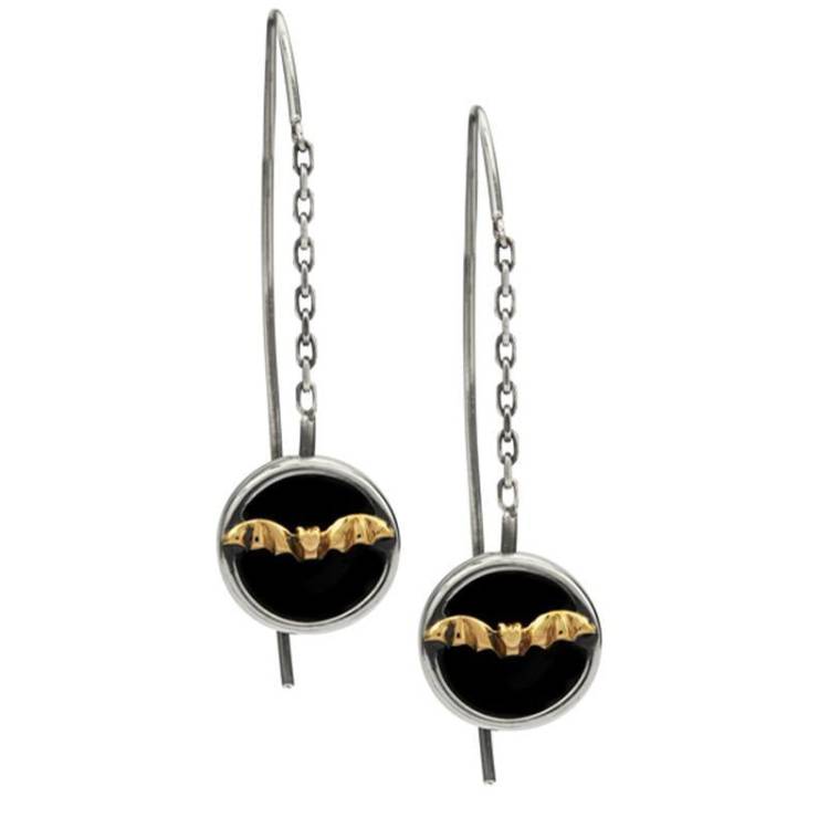 9ct Yellow Gold Sterling Silver Whitby Jet Gothic Bat Chain Drop Earrings - Yellow Gold