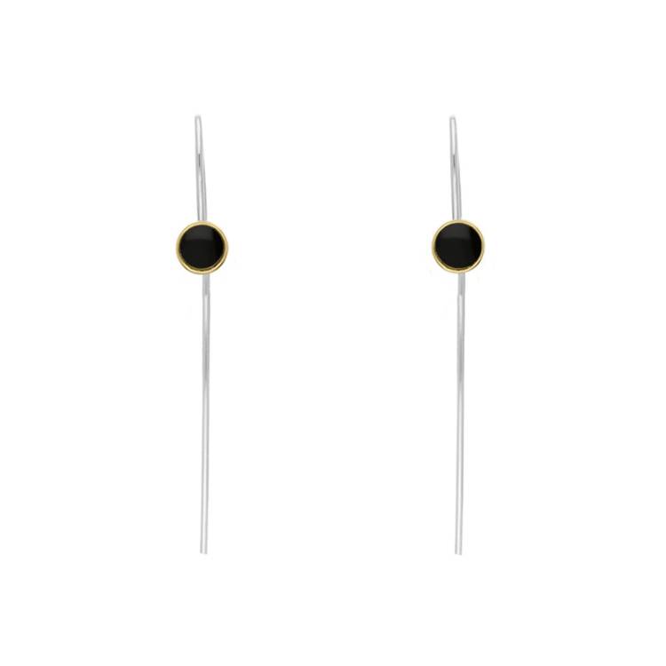 9ct Yellow Gold Sterling Silver Whitby Jet Stepping Stones 5mm Round Hook Earrings